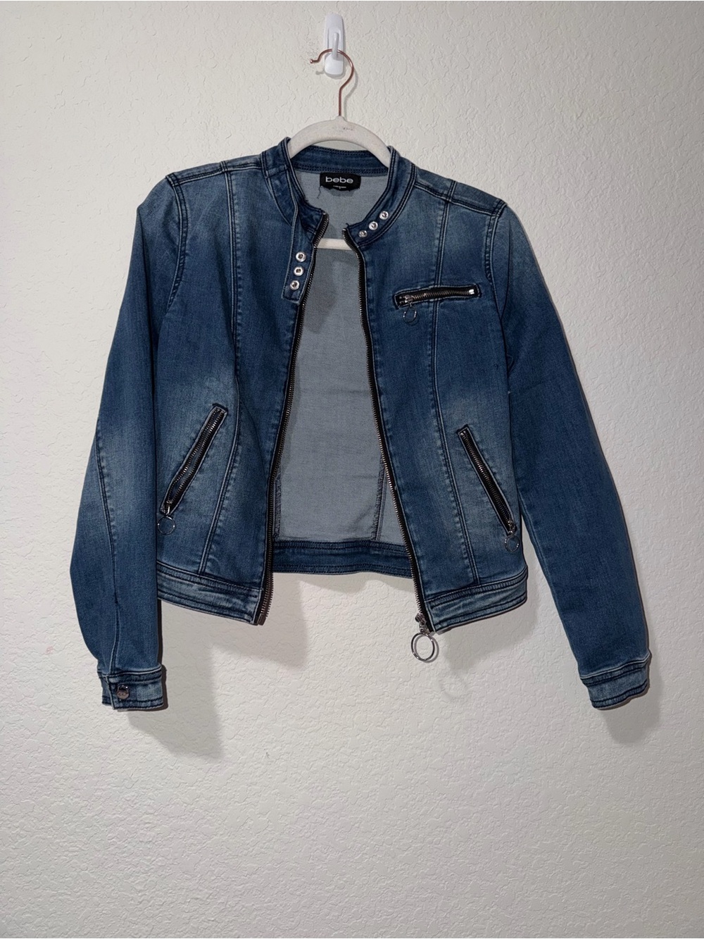 bebe Women's Blue Denim Moto Jacket with Zip Pockets